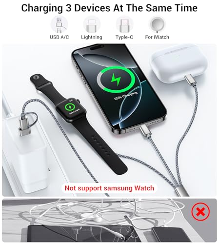 Temdan 2-Pack 5 ft 3-in-1 Charging Cable for Apple Devices – Ultimate Travel Solution with USB A, Type C & Lightning Connectors for i Phone 12-16, i Pad, and Apple Watch Ultra & SE – Durable, Versatile, and Hassle-Free Power Anywhere
