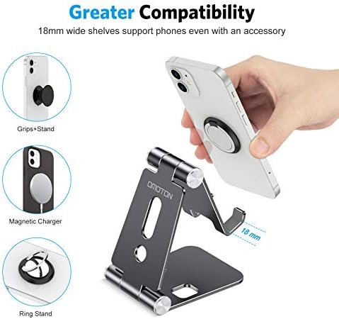 OMOTON Foldable Cell Phone Stand, C4 Portable Aluminum Phone Holder, Adjustable Phone Dock Cradle Compatible with iPhone 16/15/14 Pro Max, Samsung Galaxy, Small Tablets and Other Phones, Grey – Enhanced Compatibility and Speed