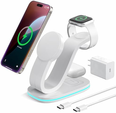 Ultimate 3-in-1 Qi2 Wireless Charging Station with 30 W USB-C Fast Adapter – Sleek Mag-Safe Charger Stand for i Phone 16, 15, 14 Pro Max, Apple Watch Series 10, 9 & Air Pods 4, 3 Pro – Enhanced Efficiency & Safety Features for Multi-Device Charging Convenience Experience unparalleled charging efficiency with our state-of-the-art 3-in-1 Wireless Charging Station, specifically crafted for Qi2-compatible devices. This advanced Mag-Safe charger stand delivers an impressive 15 W fast charge for your i Phone, 2.5 W for your Apple Watch, and 3 W for your Air Pods, ensuring a swift power-up for all your essentials. Engineered with a 30 W USB-C adapter, our charging station guarantees safety and stability, featuring intelligent current balancing and multi-level protection mechanisms against overheating and overcharging. The sleek design includes an adjustable LED nightlight, providing a soothing ambiance while conserving space on your nightstand or desk. With precise magnetic alignment for effortless device placement, enjoy a hassle-free charging experience while keeping your devices secure. Perfect for modern lifestyles, this charging solution combines functionality and aesthetics seamlessly. Elevate your charging routine with this indispensable accessory!