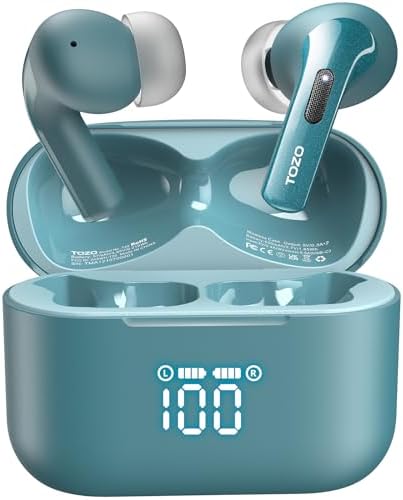 TOZO T20 Wireless Earbuds – Ultimate 48.5 Hour Playtime, IPX8 Waterproof Design for All-Weather Use, Dual Microphone Noise Cancellation for Clear Calls, 10 mm Speakers Delivering Rich Audio, Advanced 2025 Bluetooth Connectivity with Real-Time LED Battery Display