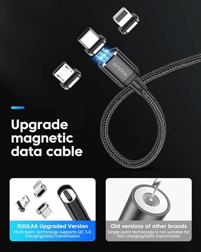 Revolutionize Your Charging with Kuulaa 3 Pack Magnetic Charging Cables – Fast 3 A Power Delivery, 3-in-1 Interchangeable Tips for Lightning, Micro USB & Type-C, Durable Nylon-Braided Design for Ultimate Reliability and Convenience