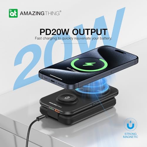 Revolutionary Foldable Magnetic Power Bank – 8000 m Ah Portable Charger with Dual Built-in USB-C Cables, Mag Safe Compatible for i Phone 12-16 Series, i Watch & Air Pods – Fast Charging Solution for Effortless Travel and Daily Use