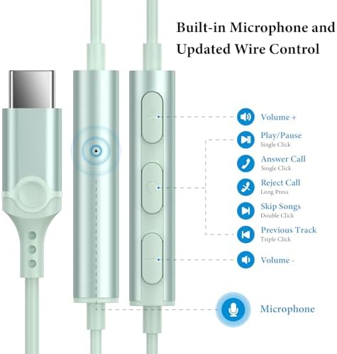 APETOO Mint Green USB Type C Earphones – Premium Hi-Fi Stereo Wired Earbuds for i Phone 16/15 Pro Max, i Pad A16, Samsung Galaxy S24/S23/S22/S21 FE, Google Pixel, One Plus – Built-in Microphone & Volume Control for Ultimate Audio Experience