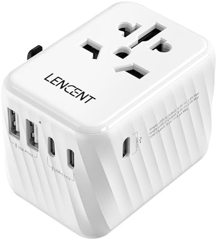 LENCENT 85 W Universal Travel Adapter with Retractable USB-C Cable – High-Speed International Plug Converter Featuring 3 Type-C & 1 USB-A Ports for Effortless Worldwide Charging – Your Ultimate Travel Essential for Maximum Compatibility, Fast Charging, and Ga N Technology Efficiency
