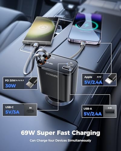 2025 SUPERONE 69 W Retractable Car Charger – Fast Charging Dual-Port Accessory for i Phone 16/15/14/13/12 & Samsung Devices, Tangle-Free Design, Ideal Gift for Men & Women, Essential Car Travel Companion