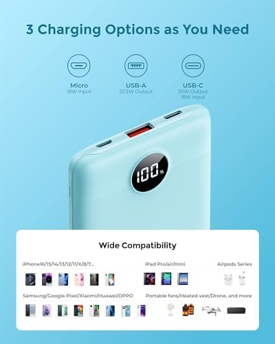 VEEKTOMX 10,000 m Ah Ultra-Slim Portable Charger – 22.5 W Fast Charging Power Bank for i Phone, Samsung, Google & Tablets – Lightweight USB-C Battery Pack in Stylish Blue – Your Essential Mobile Charging Companion for All-Day Power