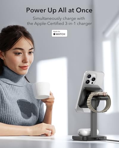 Ultimate ESR 2-in-1 Mag Safe Charging Station for Apple Devices – Fast Wireless Charger Stand for i Phone 16/15/14/13/12, Apple Watch, & Air Pods – Sleek Black Design for Dual Device Convenience and Enhanced Speed