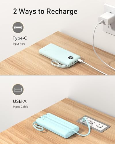VEEKTOMX 10,000 m Ah Portable Power Bank with Integrated Charging Cables – Slim, Lightweight Fast Charger for i Phone, Samsung, and Android Devices – Essential Travel Companion with Intelligent Charging Technology for On-the-Go Convenience