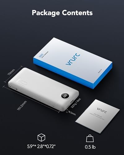 Sleek VRURC 10,000 m Ah Portable Charger with Built-in Wall Plug – Rapid 22.5 W USB Power Bank for Ultimate Travel Convenience – Slim Profile, 4 Outputs & Dual Inputs for Multi-Device Charging – Essential USB-C Compatible Travel Accessory in White