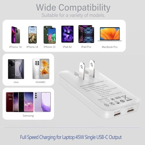 Rapid Charge 45 W Dual-Port USB-C Travel Wall Charger – Efficient, Compact Power Adapter with Power Delivery 3.0 for i Phone 16/15, i Pad Air, Galaxy S24/S23 – Ultimate Solution for Quick Dual Device Charging on the Go