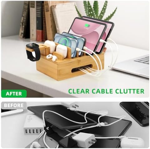 Eco-Friendly Bamboo Charging Station: Multi-Device Desk Docking Hub with 5-Port USB Charger & 6 Cables for Phones, Tablets, Smartwatches, and Earbuds – Ultimate Solution for Clutter-Free Charging and Enhanced Compatibility