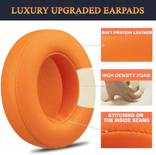 Transform Your Beats Studio Listening with Solo WIT Premium Replacement Ear Pads – Luxurious Soft Protein Leather Cushions Featuring Noise Isolation Memory Foam for Ultimate Comfort and Superior Sound Quality, Vibrant Orange Design for Enhanced Style with Studio 2 & 3 Headphones