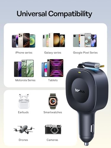 Baseus Ultra-Mini 60 W Fast Charging Retractable Car Charger with USB C Cable – Compact, Tangle-Free Design for i Phone 16, Samsung Galaxy S25 Ultra, and More – Ultimate Travel Companion for Rapid Device Power-Up and Enhanced Safety Features