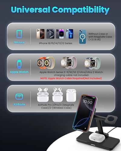 Joy Geek 3-in-1 Foldable Wireless Charging Station for Mag-Safe i Phone – Ultimate Travel Dock for i Phone 12-16 Pro Max, Apple Watch Series 4-10, and Air Pods Pro 2/3/4 – Fast, Compact, and Convenient Power Solution for On-the-Go Charging