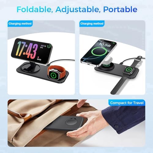 Revolutionary 2-in-1 Magnetic Wireless Charging Station for Apple Devices – Foldable and Portable Magsafe-Compatible Charger for i Phone 16/15/14/13/12 Series, Apple Watch Ultra/SE/10/9/8/7, and Air Pods – Enhanced Magnetic Alignment for Rapid Charging and Multi-Device Convenience – Ultimate Travel Companion for Tangle-Free Charging Solutions – Intelligent Safety Features for Over-Temperature and Battery Protection – Compact Design Perfect for Pocket or Backpack – Experience Seamless Charging with 360° Rotatable Stand – Includes USB-C Cable and User Manual for Effortless Setup – Elevate Your Charging Experience with Vnbbt’s Superior Technology and Customer Support.
