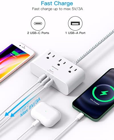 HANYCONY Ultra Thin Flat Plug Power Strip – 6 Ft Extension Cord with 3 Outlets & 3 USB Ports (2 USB-C) for Travel, Dorms & Cruise Ships – Space-Saving Multi Plug Outlet Extender for Fast Charging & Enhanced Device Compatibility