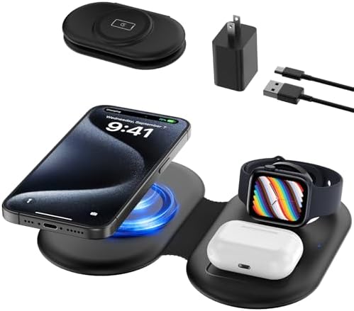 Revolutionary 3 in 1 Foldable Wireless Charger for Apple Devices – Portable Magnetic Charging Station for i Phone 12/13/14/15/16, Apple Watch Series 2-9/Ultra, and Air Pods Pro – Ultimate Travel Convenience with Fast Charging and Built-In Safety Features – Perfect for Home and On-the-Go Usage