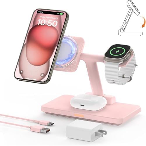 Joy Geek 3-in-1 Foldable Wireless Charging Station for Mag-Safe i Phone – Ultimate Travel Dock for i Phone 12-16 Pro Max, Apple Watch Series 4-10, and Air Pods Pro 2/3/4 – Fast, Compact, and Convenient Power Solution for On-the-Go Charging