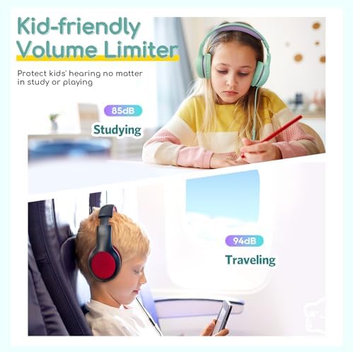 Kid-Friendly Foldable Wired Headphones with Microphone – Volume Limiting Safety (85/94 d B) for Hearing Protection, Share Port for Collaborative Audio, Ideal for Tablets, PCs, and School Use – Enhanced Type C Compatibility for Optimal Sound Quality and Comfort