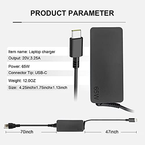 High-Speed 65 W USB-C Replacement Laptop Charger for Lenovo Think Pad, Yoga & Chromebook – Universal Compatibility & Enhanced Performance with 12-Month Warranty, UL Certified Safety, Ideal for T480, T490, E480 Models