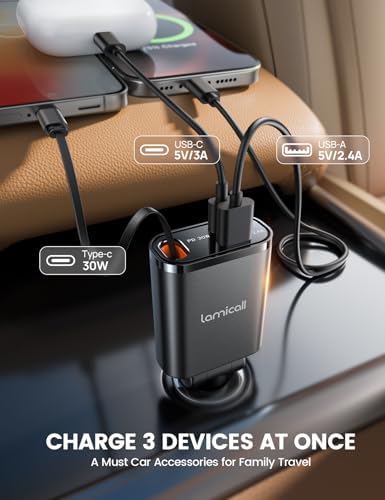 Ultra-Compact Lamicall Retractable Car Charger – 57 W USB-C Fast Charging for i Phone 16, Galaxy S25, Pixel Android | Space-Saving Design with Enhanced Compatibility & Safety Features for Quick On-the-Go Charging