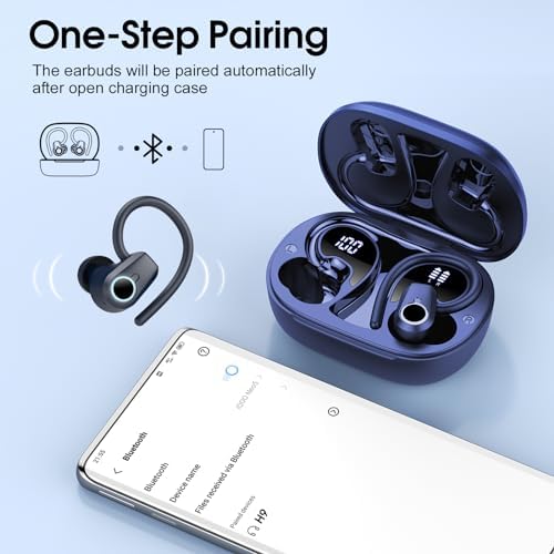 Poounur Bluetooth 5.3 Wireless Sport Earbuds – 50 Hours Playtime, IP7 Waterproof, Noise-Cancelling Headphones with Earhooks and Dual LED Display for Ultimate Comfort and Sound Quality – Perfect for Active Lifestyles and Outdoor Adventures