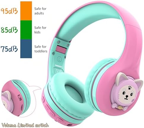 Riwbox CB-7 S Wireless Kids Headphones – Safe & Stylish Audio for Young Listeners with Adjustable Volume Control (74/85/95 d B), LED Glow Lights, 50 Hours of Playtime, Bluetooth 5.3 Connectivity, Built-in Microphone & TF Card Slot for School, Travel, and Home Use (Pink & Green) – Ideal for Active Lifestyles