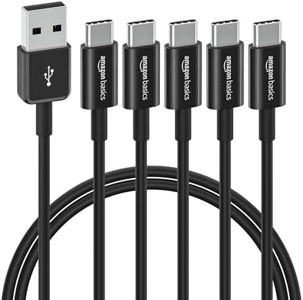 Elevate Your Charging Game: Amazon Basics 5-Pack 3-Foot USB-C to USB-A 2.0 Fast Charger Cables, 480 Mbps Data Transfer, USB-IF Certified for Ultimate Device Compatibility – Ideal for i Phones, i Pads, Samsung Galaxies & Laptops – Sleek Black Design for Professional Use