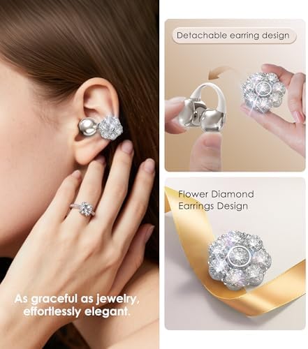 Chic Wireless Bluetooth 5.4 Earbuds with Fashionable Detachable Flower Earrings – Stylish Open Ear Headphones for Women, Waterproof IPX5 Rated, 50-Hour Playtime, Ideal for Festivals, Parties, and Unique Gift Giving (White)