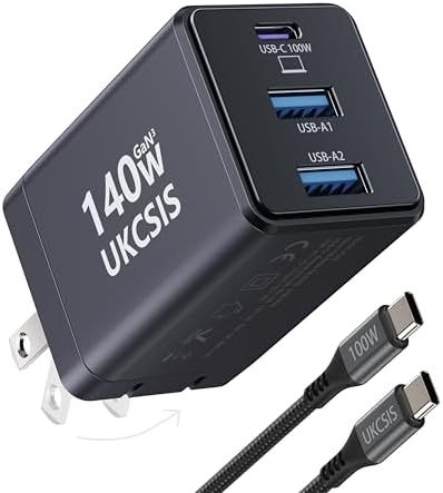 Ultra-Compact 140 W Ga N USB-C Fast Charger – Triple-Port Power Hub for Rapid Charging of Mac Book Pro, i Pad Pro, Galaxy, and i Phone – Foldable Travel Design with 4 ft Cable for Effortless Portability and Efficient Power Solutions