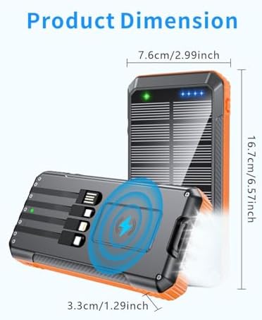 High-Capacity Solar Power Bank with 52800 m Ah – Fast Wireless Charger Featuring 4 Built-In Cables, 7 Outputs, and 22.5 W Quick Charge – Dual Flashlights for Outdoor Adventures (Vibrant Orange) – Ultimate Versatility for All Mobile Devices