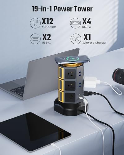 Elevate Your Charging Solutions with the SUPERDANNY Power Strip Tower – 15 W Wireless Charger and 1050 J Surge Protector with 12 AC Outlets, 6 USB Ports (Including 2 USB-C) and 6.5 ft Extension Cord – Ideal for Home Office Organization and Efficient Device Management with Elegant Wood Grain Finish