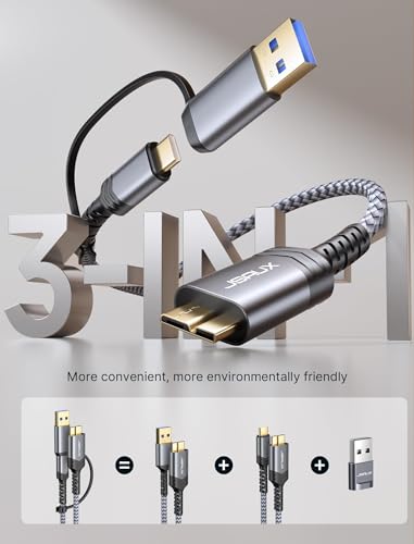 JSAUX Hard Drive Cable 3.3FT, 20Gbps Micro B to USB C/A Cord External Hard Drive Cable Nylon Braided Compatible with Seagate WD Toshiba Westgate, MacBook Air M2 Pro, Camera, iPhone 15 Pro Max – Enhanced Compatibility and Speed