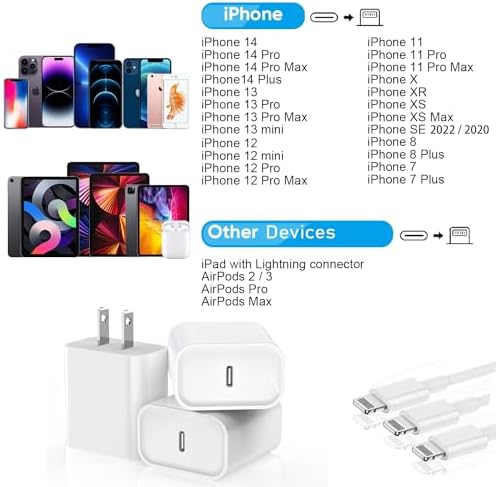 10-Foot Ultra-Fast i Phone Charging Cable 3-Pack with USB-C PD Wall Charger – Exceptional Compatibility for i Phone 14/13/12/11 Pro Max/XS Series – Durable Lightning Cable Solution for On-the-Go Charging Convenience and Rapid Power Delivery