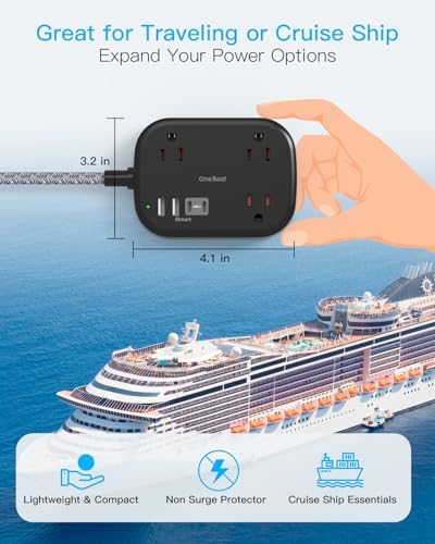 One Beat Cruise Essentials 2025 – Compact Power Strip with 3 AC Outlets and 4 USB Ports (2 USB-C), Ideal for Travel, Dorms, and Cruises – 3 ft Flat Plug Extension Cord, Non-Surge Protector, ETL Certified for Safety and Compatibility