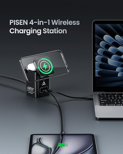 PISEN 4-in-1 Mag-Safe Wireless Charger – 45 W Ga N Multi-Device Charging Station for i Phone, Samsung & Air Pods – Fast, Qi-Certified Magnetic Dock for Effortless Charging & Clutter-Free Workstation Setup