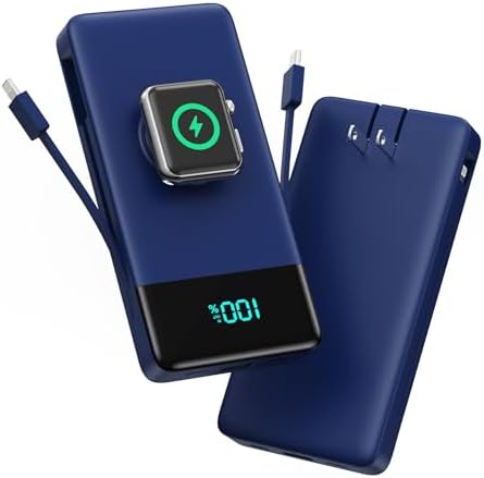 Ultra-Compact 6-in-1 10800 m Ah Power Bank with Built-In Cables & AC Plug – Fast Charging for i Phone, Android, and Apple Watch – LCD Display for Easy Power Monitoring – Lightweight, Travel-Friendly Battery Pack for Multi-Device Charging – Perfect for i Phone 16/15/14 Series, Samsung Galaxy, and More – Enjoy Unmatched Versatility and Convenience on the Go