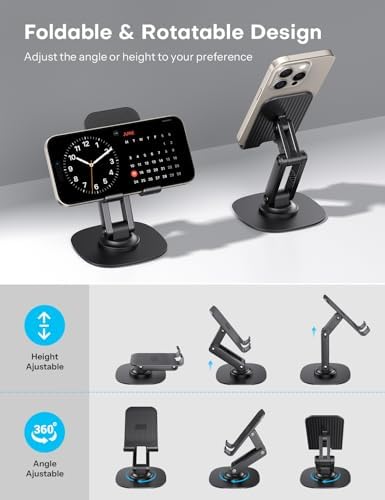 OMOTON Cell Phone Stand for Desk, 2 Pack Adjustable Foldable Phone Holder, 360 Swivel Mobile Stand Fit for iPhone 15 14 13 12 11 Pro Max and All Smart Phones, White & White – Enhanced Compatibility and Speed