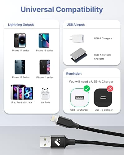 Aioneus 1 ft Apple Certified Lightning Cable – High-Speed USB A to Lightning Charger for i Phone 14/13/12/11 Pro Max/XR/XS/8/7 Plus/6/SE – Durable Nylon Braided Design for Tangle-Free Portability and Enhanced Charging Efficiency