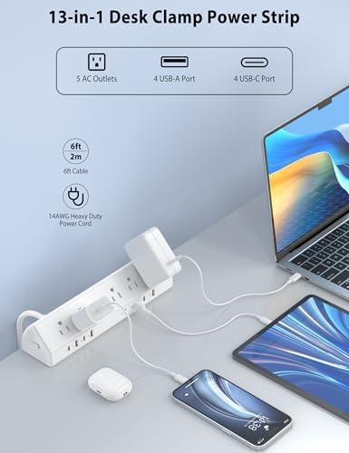 Ultimate Desk Clamp Power Strip with 65 W Fast Charging Hub – 4 PD USB-C Ports & 5 AC Outlets, Space-Saving Nightstand Edge Mount Surge Protector, 15 Amp Heavy-Duty Design for Tablets & Laptops, Fits 1.96″ Tabletop, 6 FT Cable for Extended Reach – Efficient Power Management for Modern Workspaces