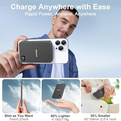Ultra-Slim Magnetic Wireless Power Bank 5000 m Ah – 15 W Fast Charger for i Phone 16/15/14/13/12 Series – Sleek Metallic Design with USB-C Charging Cable – Enhanced Safety Features for Reliable On-the-Go Power