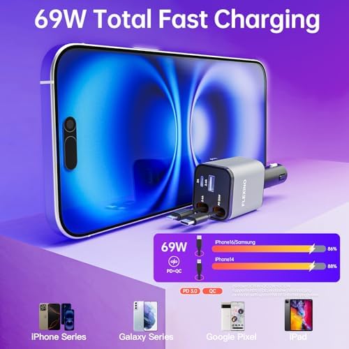 Premium Flexino Compact Retractable Car Charger for i Phone 16 – 69 W Fast Charging with Dual 2.6 ft USB C Cords | Efficient Power Adapter Compatible with i Phone 16/15/14/13/12 Series & Galaxy Devices | Sleek Grey Design for Ultimate Portability and Reduced Cable Clutter
