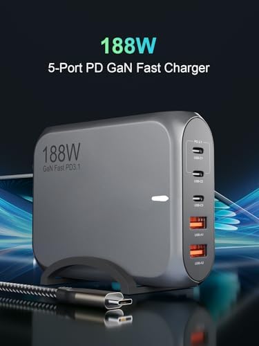 Revolutionary 188 W Ga N USB-C Multiport Charger – High-Efficiency 5-Port Fast Charging Station with PD 3.1 & PPS Compatibility for Mac Book, i Phone 16 Pro Max, Samsung Galaxy S24, Dell XPS & More – Includes Premium 240 W Cable for Enhanced Safety and Performance