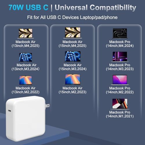 Ultra-Fast 70 W USB-C to Mag 3 Power Adapter for Mac Book Air & Pro – 15″ & 13″ Models – Includes 6.6 ft USB-C Cable for Lightning-Speed Charging – Wide Compatibility with All USB-C Devices – Intelligent Battery Protection for Extended Lifespan – Perfect Replacement Charger for 2021-2025 Mac Book Series