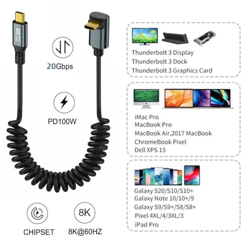 Revolutionary xiwai USB4 Type-C Male to Male Extension Cable – 20 Gbps Data Transfer with 100 W Power Delivery, 8 K Video Output, Coiled Design for Maximum Space Efficiency, and Angled Connector for Seamless Access in Compact Areas – Perfect for Laptops, Tablets, and Modern Tech Environments