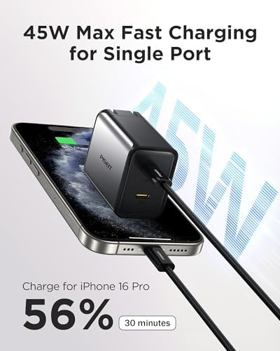 PISEN 45 W Ga N Dual USB-C Wall Charger – Compact Fast Charging Solution for i Phone 16, i Pad Pro, Samsung Galaxy S23 Ultra, and Mac Book – Foldable Design for Ultimate Portability and Enhanced Compatibility with PD & PPS Technology