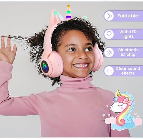 Magical Pink Unicorn Wireless Headphones for Kids – Foldable Over-Ear Design with Built-In Microphone, Volume Limiting for Hearing Safety & Universal Compatibility – Ideal Gift for Unicorn Enthusiasts on Birthdays or Holidays