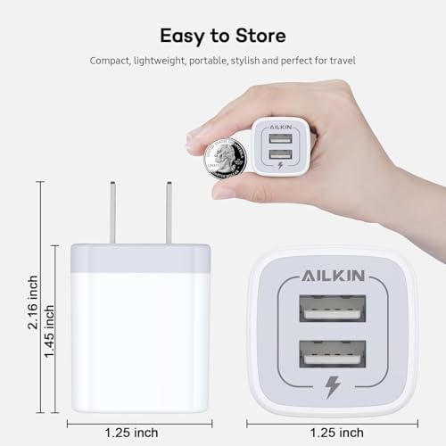 AILKIN Dual Port USB Wall Charger 2-Pack – 2.1 A Fast Charging Adapter for i Phone 15/14/13/12/11 Pro, Samsung Galaxy S23/S22/S21 – Compact Power Block with Quick Charge Technology – Universal Compatibility & Safety Features for Home and Travel