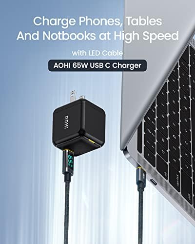 AOHI 65 W Ga N+ Magcube Fast USB-C Wall Charger with 4 ft LED Display Cable – Ultimate Power Adapter for Mac Book Pro/Air, i Phone 15/14/Plus/Pro Max, Galaxy Devices – High Efficiency, Sleek Design for Home & Travel
