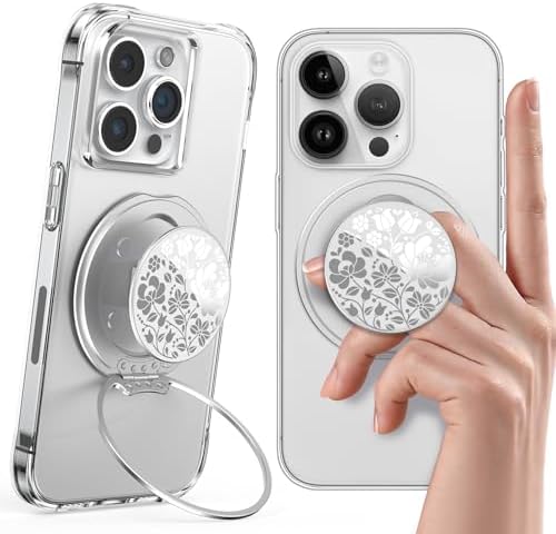Glamour Pearl Magnetic Phone Grip Holder with Adjustable Kickstand – Ultimate Versatile Smartphone Accessory for i Phone, Android & Kindle – Secure Hands-Free Viewing & Stylish Design – Includes Magnetic Adapter for Effortless Compatibility and Enhanced Usability